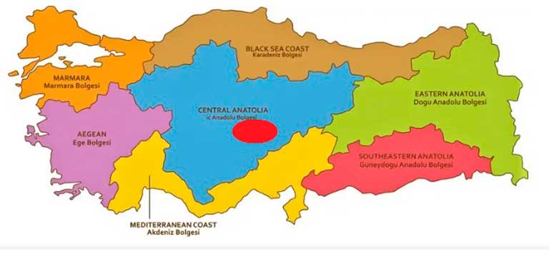 Mapa de Turkia mostrando Capadocia